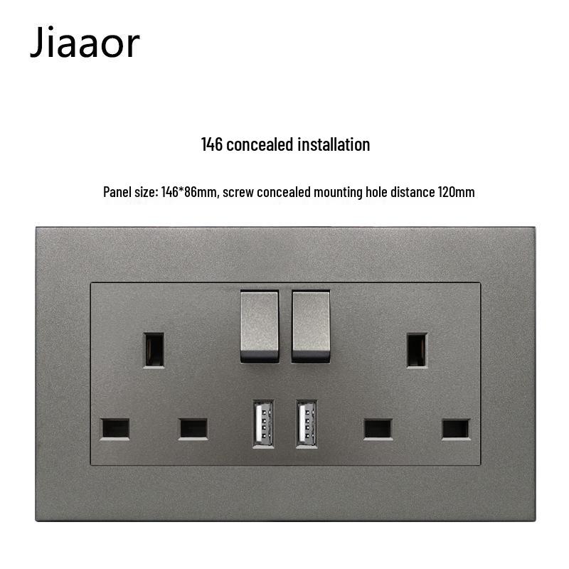 Grey British Standard Double Gang Switch Socket with USB & Type C - Hong Kong/Macau Compatible, Concealed 86 Type
