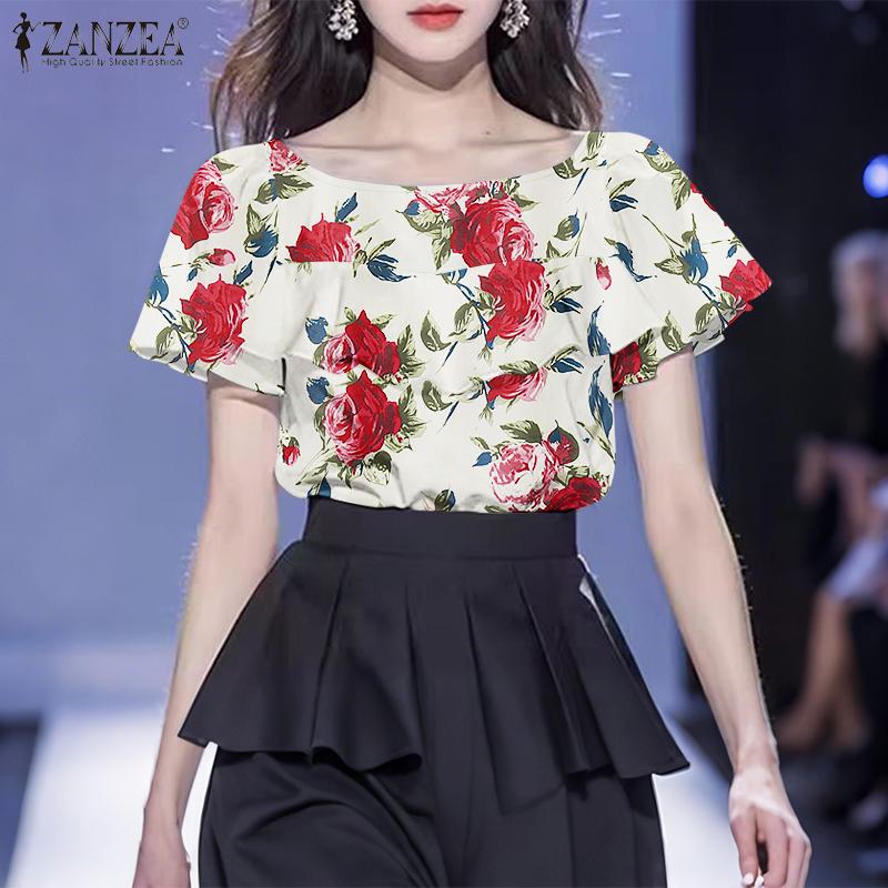 

ZANZEA Women Casual Round Neck Short Sleeve Floral Print Ruffles Blouse S чорний