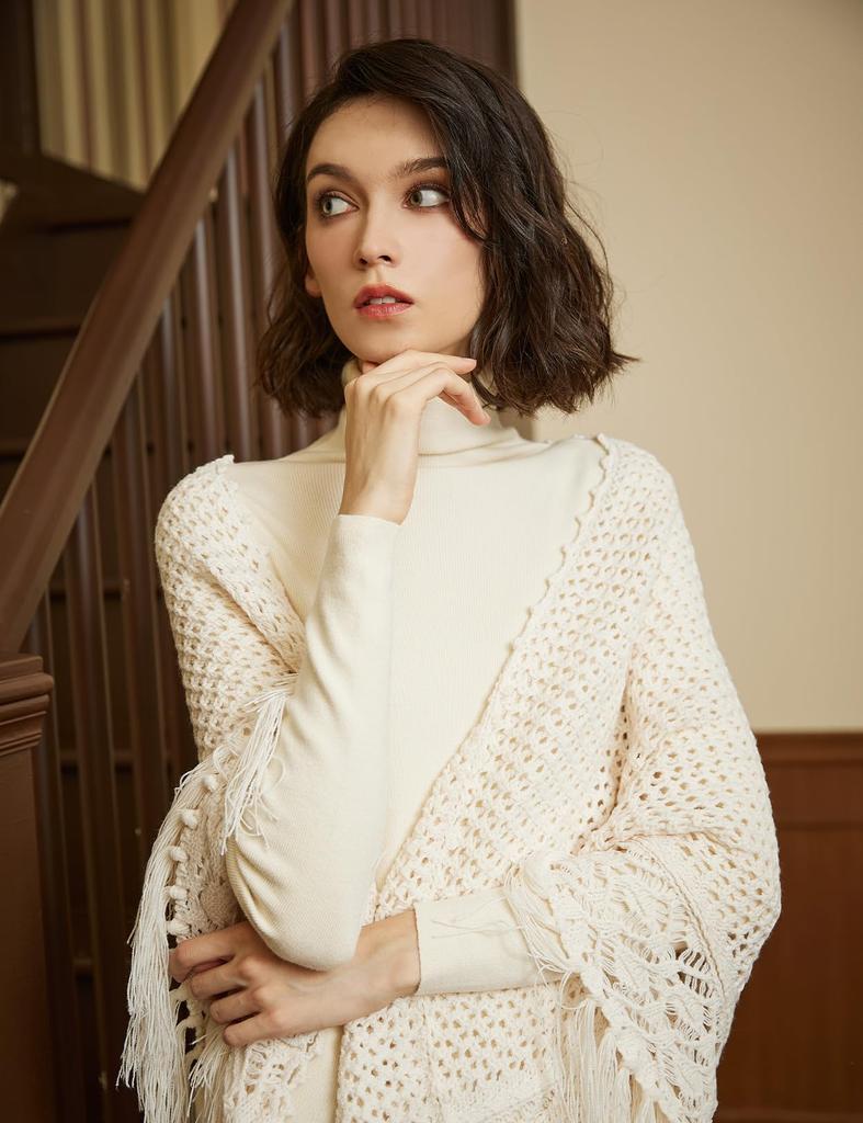 BEAUTELICATE Tassel Knit Solid Triangle Perfect for and Cream Women's Scarf, Large, Thick, Color, Shawl, Indoors, Office, Dates, Commuting, School,