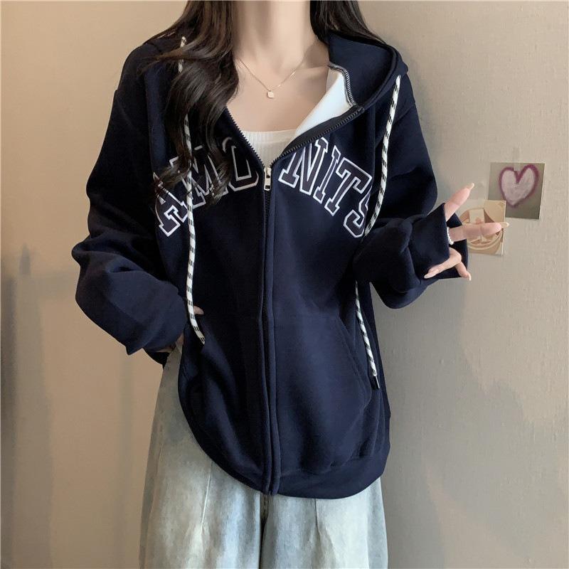 

Wind real shot loose sweater women s versatile thin vze student hoodie top 2XL темно-синього кольору