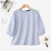 ZANZEA Women Casual Round Neck 3/4 Sleeve Loose Print Blouse