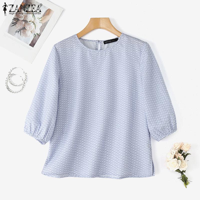 ZANZEA Women Casual Round Neck 3/4 Sleeve Loose Print Blouse