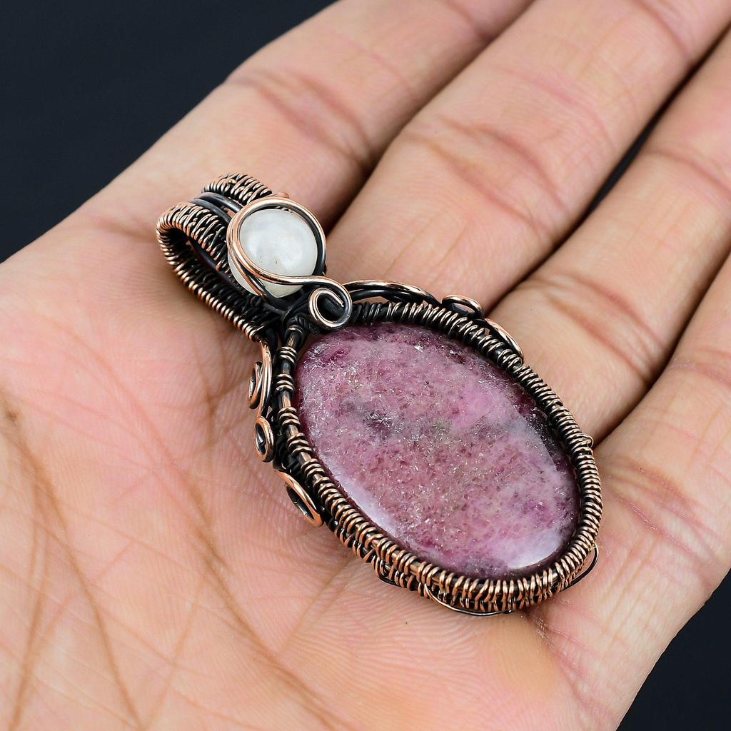 Rhodonite & Moonstone Gemstone Handmade Pure Copper Wire Wrap Jewelry Pendant