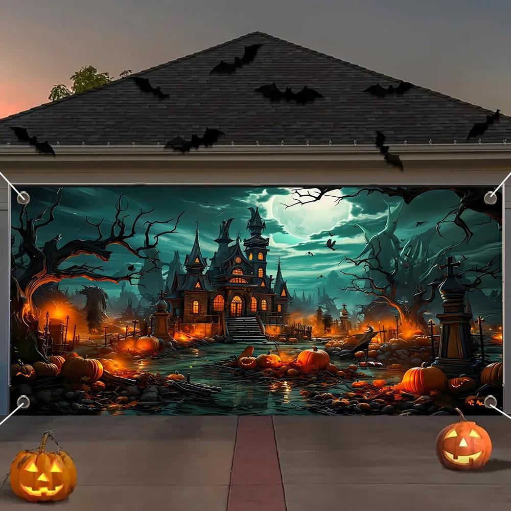 Modern-style Halloween garage door banner - creepy castle and pumpkin prints, durable polyester