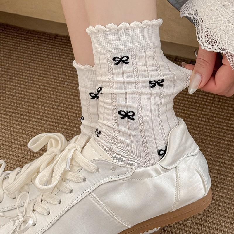 White Socks Pure Cotton Stacking Socks Lace Bow Cute Girl Spring And Autumn Thin Cotton Medium Tube Socks Women