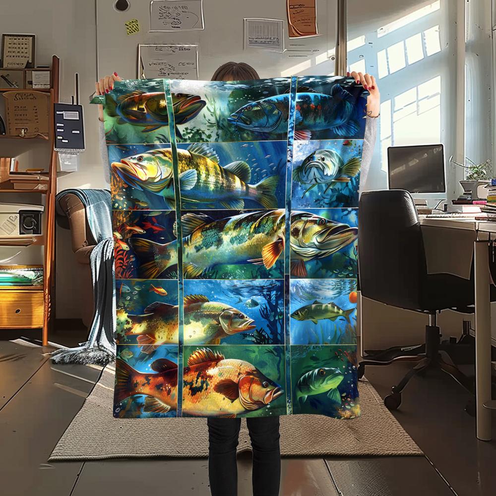 1Pc American Bass Fishing Print Flannel Blanket, High quality Comfortable for All Seasons, Home Decor, Warmth and Comfort, Perfect for Christmas Gifts