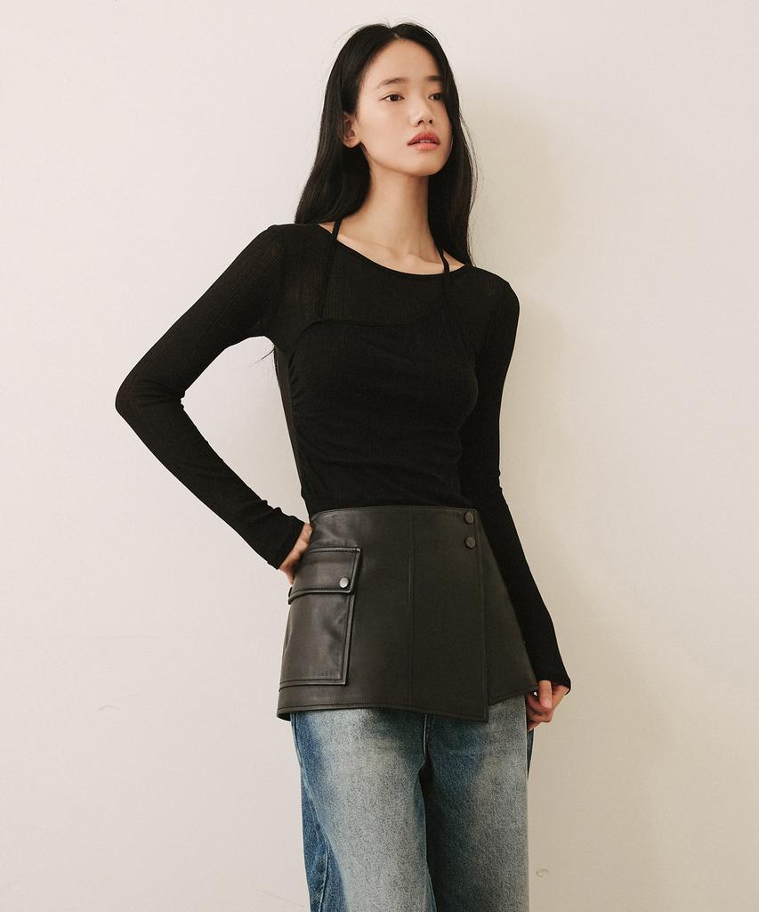 Left Seoul Synthetic Leather Layered Skirt [Black]