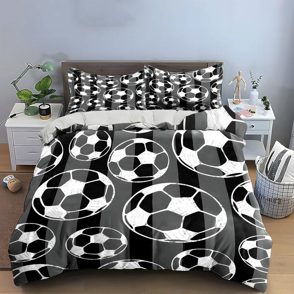 Vintage Soccer Ball Bedding Set, Distressed Football Pattern Print Duvet Cover + 2 Pillowcases, Retro Sports Decor