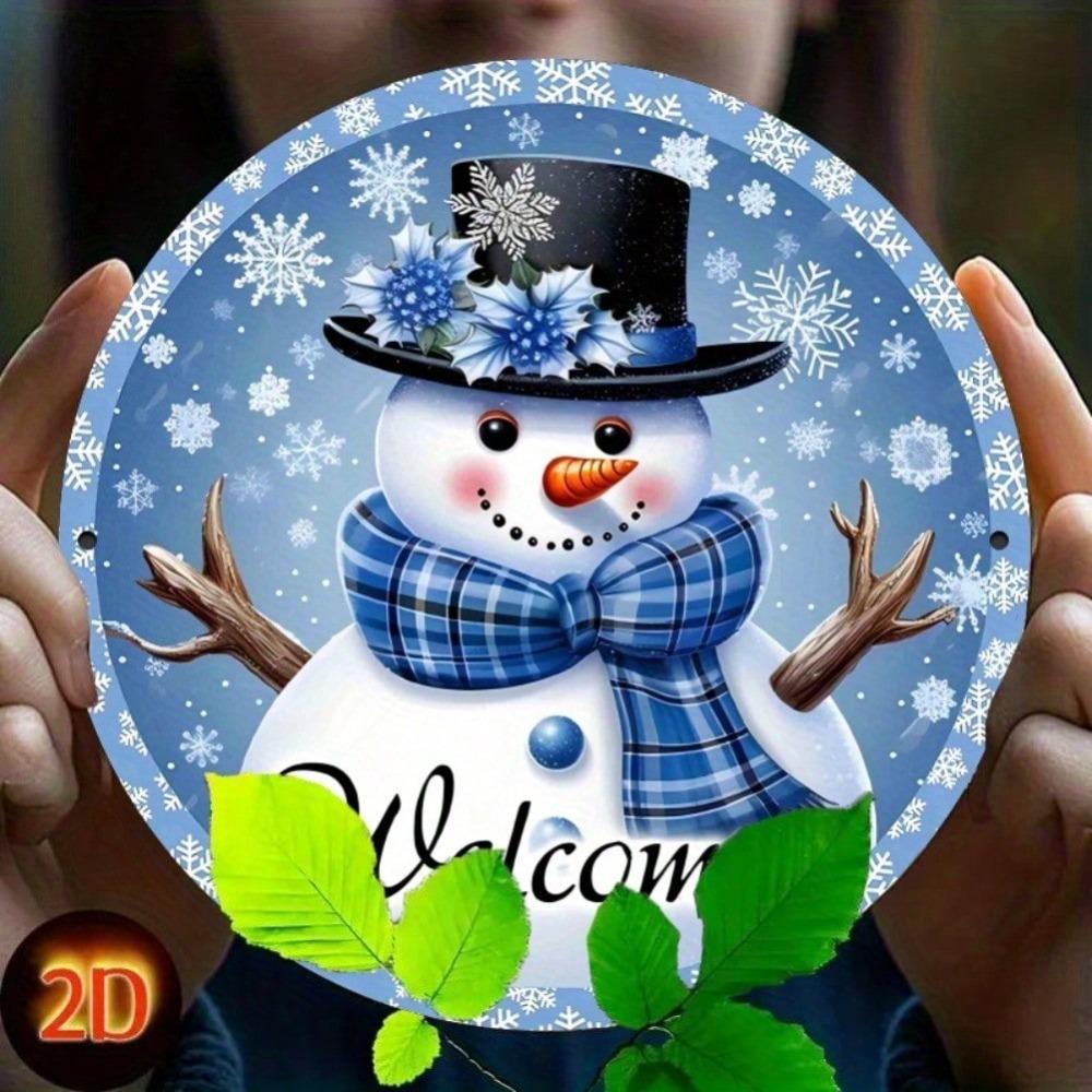 Snowman Iron Wall Art Round Metal Sign Outdoor Indoor Welcome Plaque Blue Decor 8 Inch Home Gift