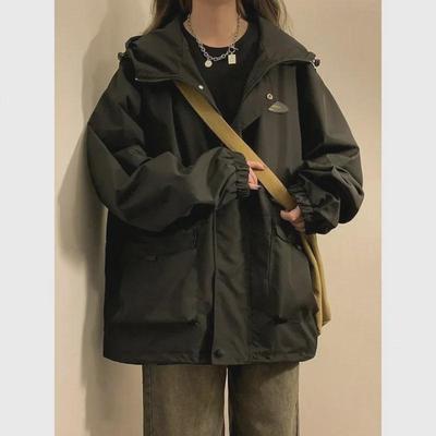 Women's Black Hooded Jacket - Spring/Autumn College Style, Loose Slim Fit, Retro Hong Kong Workwear Trend