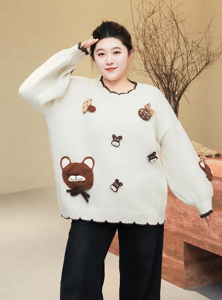

Plus Size Women s 3D Cartoon Knit Pullover - Slimming Loose Fit Round Neck Inner Top with Lace Trim Set for 15 Days Pre-sale