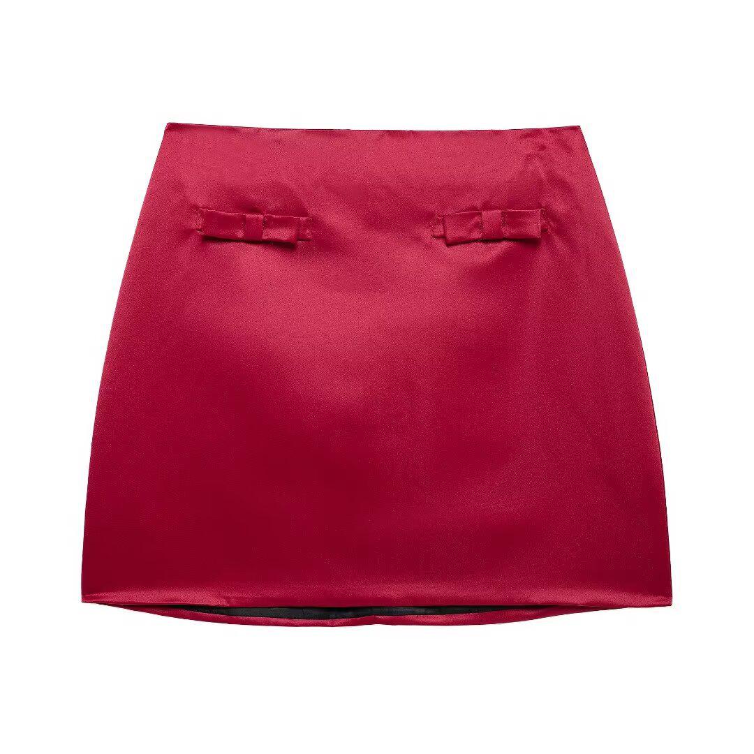 

Женский атласный костюм в европейском и американском стиле на зиму 2024 года с бантом и короткой юбкой M