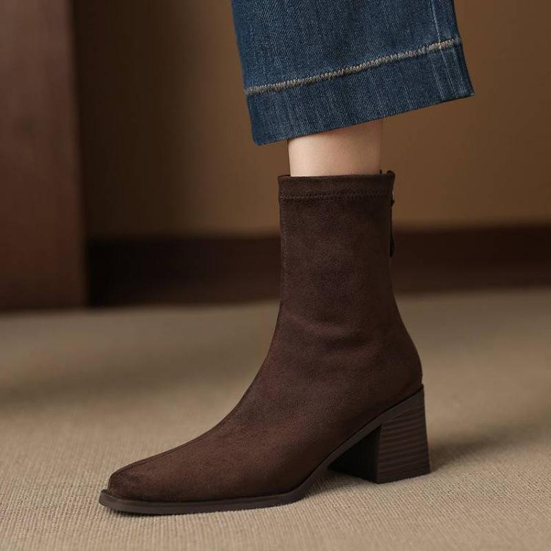Autumn and Winter Women's Elastic Martin Boots Solid Color Suede Rear Zipper Large Size High Heel Women's Boots Rubber Sole Round Head Medium Boots