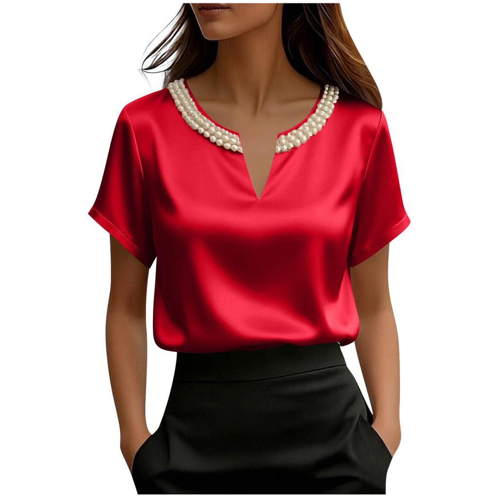 Top da Donna alla Moda a Vestibilità Larga Francese Raso Raso Collo di Perle Manica Corta