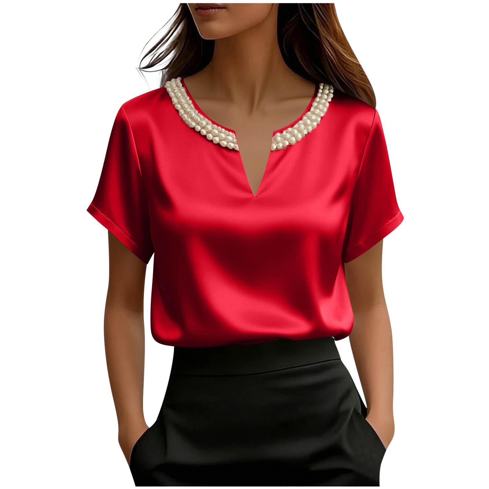Damen Frühlings Oberteile Kurzarm Satin Bluse mit Ausschnitt Lockerer Schnitt Sommerhemden für Damen Elegante Oberteile für Damen XL weinrot