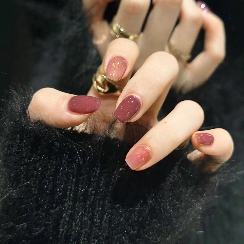 Gradual change fine flash wearing nail piece Cherry red nail piece Smudge fake nail simple detachable nail piece 24 pieces