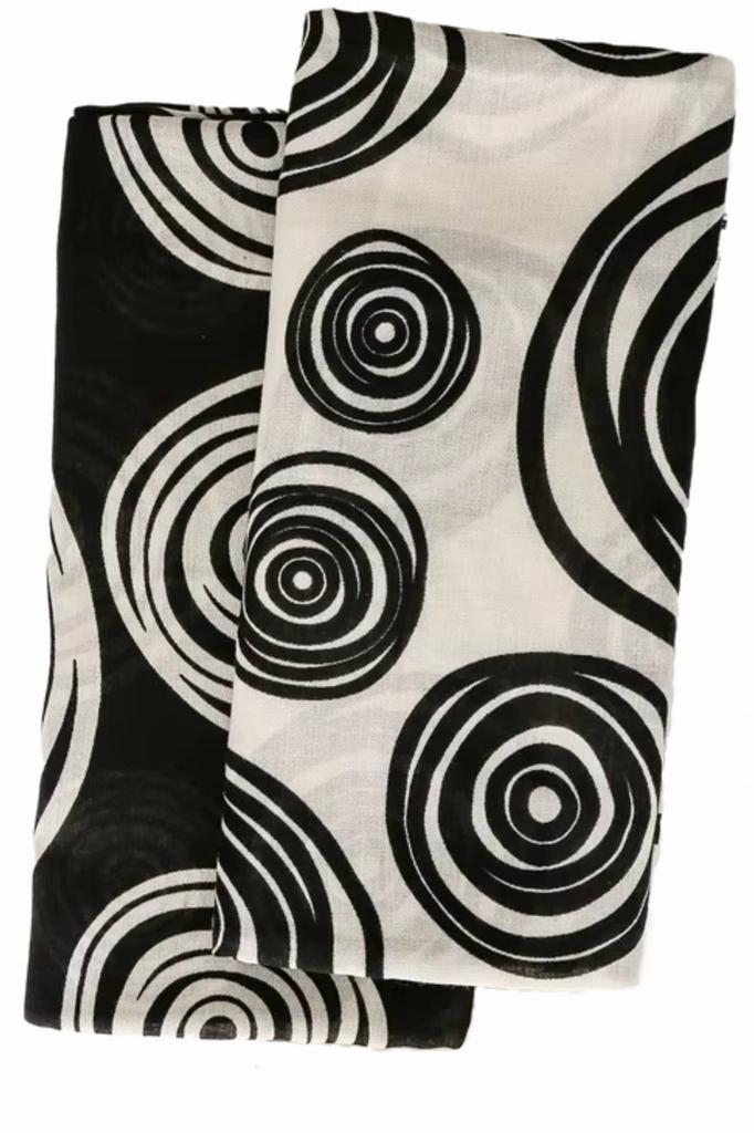 Black and Cream Scarf with Geometric Pattern - 180x90 , Cotton and Viscose