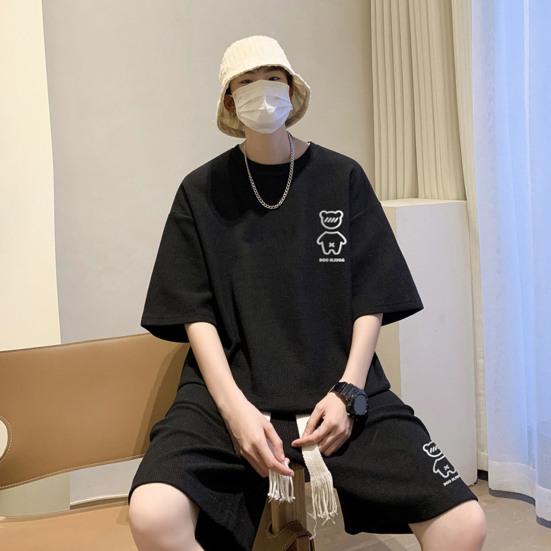 2 Pcs/Set Men Summer Tracksuit Cartoon Bear Korean Style Half Sleeves Sports Drawstring Casual Top Shorts Suit Male Clothes