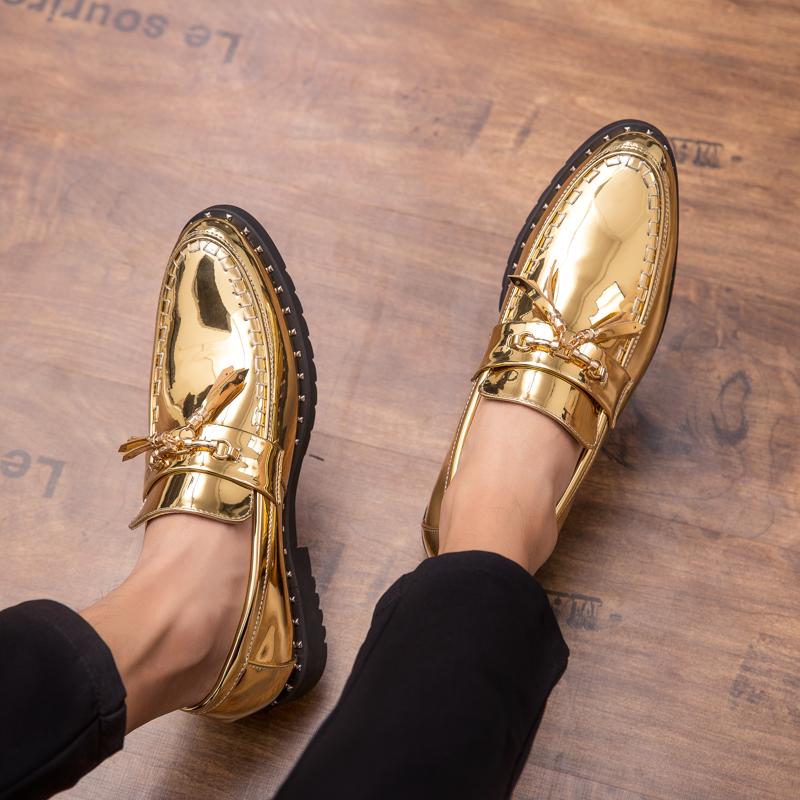 Men Classic Retro Loafer Casual Street Style Gold Patent Leather Platform Black Dress Party Shoes Large Size