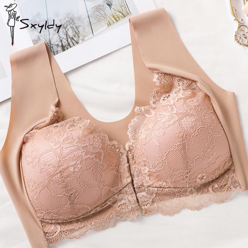 Large Size Front Buckle Seamless Lace Bra for Women Fixed Cup Underwear Gather Up Vest Bra
