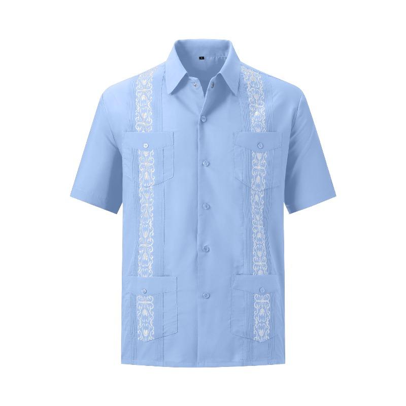 Camicia da uomo a maniche corte con bottoni, a righe Guayabella ricamate, quattro tasche, Dachen