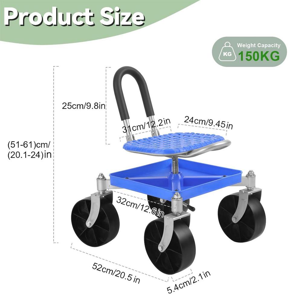 Garden Stool 360 Degree Swivel Rolling Garden Work Seat With Wheels Adjustable Height Yard Workseat for Nursery Pruning Plant синий