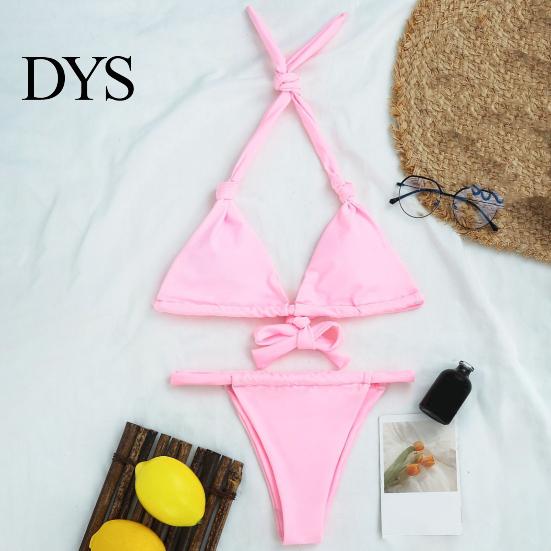 Attractive Bikini Ensemble 2Pcs/Set Women Set Halter Padded Wireless Bra High Close-fitting Tankini Waist Swimming Briefs Split Design Solid