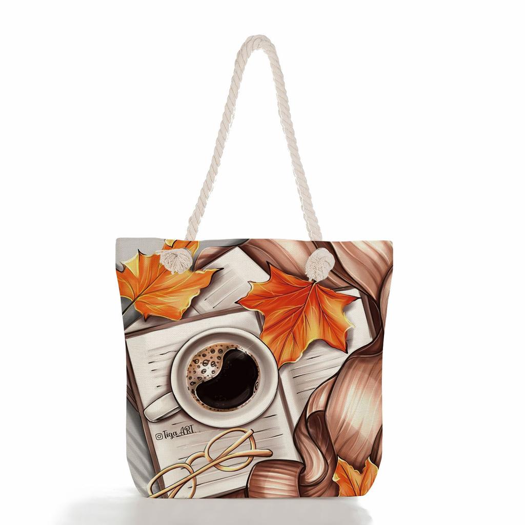 Multifunctional Coffee-colored Girl Printed Thick Rope Shoulder Beach Bag Casual Large Capacity Handbag 0107