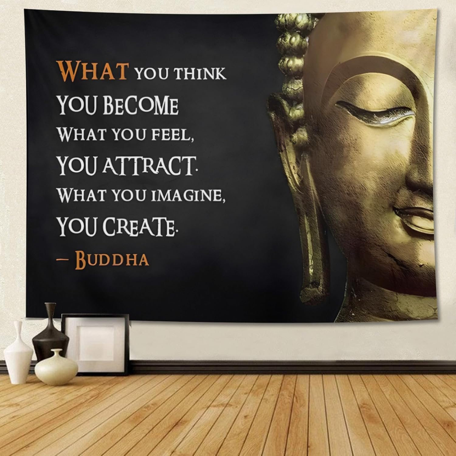 Quotes Tapestry Wall Hanging Serene Zen Wall Art with Large Buddha Statue Modern Meditation Artwork Spiritual Radha Krishna 74x94cm(29x37in)