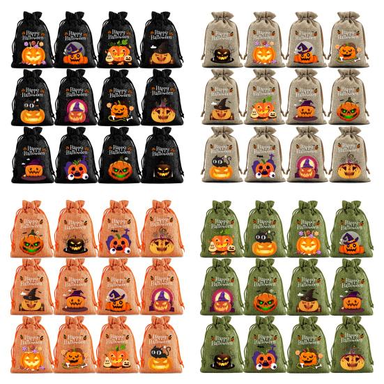 12 Pcs Halloween Treat Bags Burlap Gift Bags Mini Drawstring Candy Bags Pumpkin Pattern Goodie Bags for Halloween Party Favors