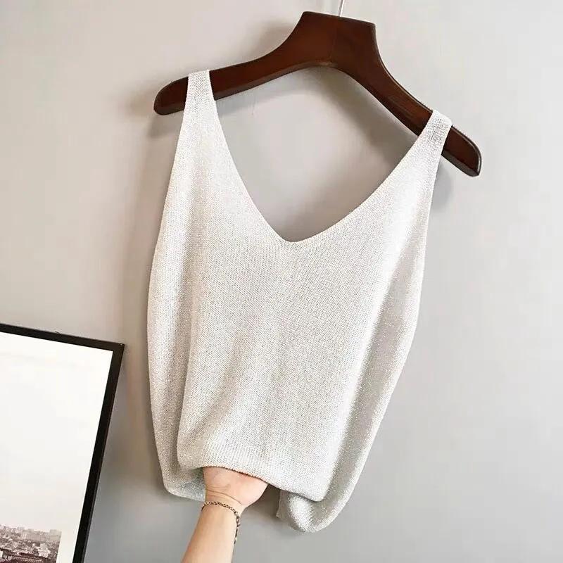 Black Undershirt Tank Thin Knit Vest Bright Silk Women Sexy Sleeveless Top Loose Causal Office Lady Korean Fashion Summer