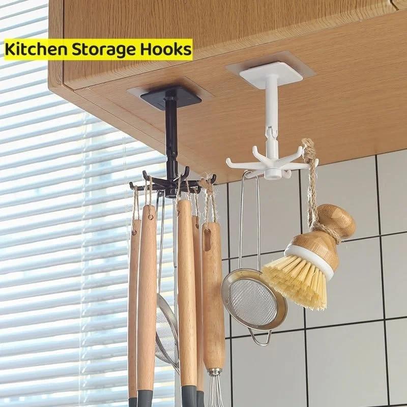 1/2PCS 360 Rotating Kitchen Hooks Folding Wall-Mounted Holder Multi-Purpose Hook Self-Adhesive Hook Utensil Rack with 6 Hooks