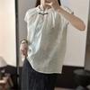 Semi-free Summer New Style Literary and Zen Style Bamboo Leaf Printed Cotton and Linen Chinese Style Loose-fitting Top for Women