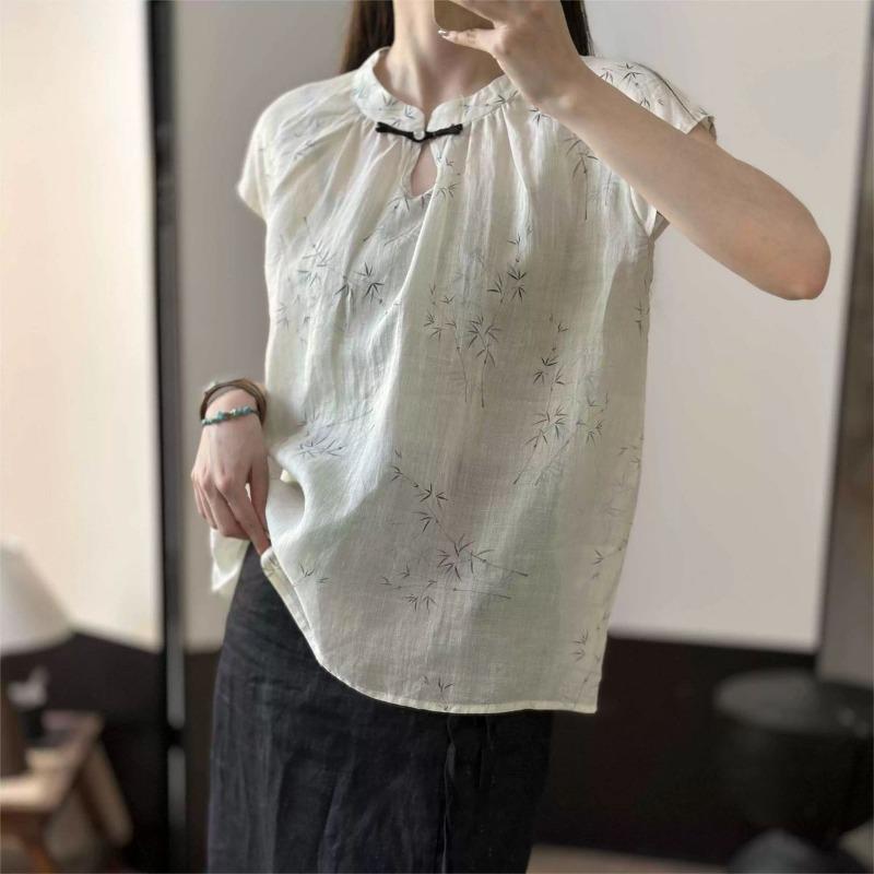 Semi-free Summer New Style Literary and Zen Style Bamboo Leaf Printed Cotton and Linen Chinese Style Loose-fitting Top for Women