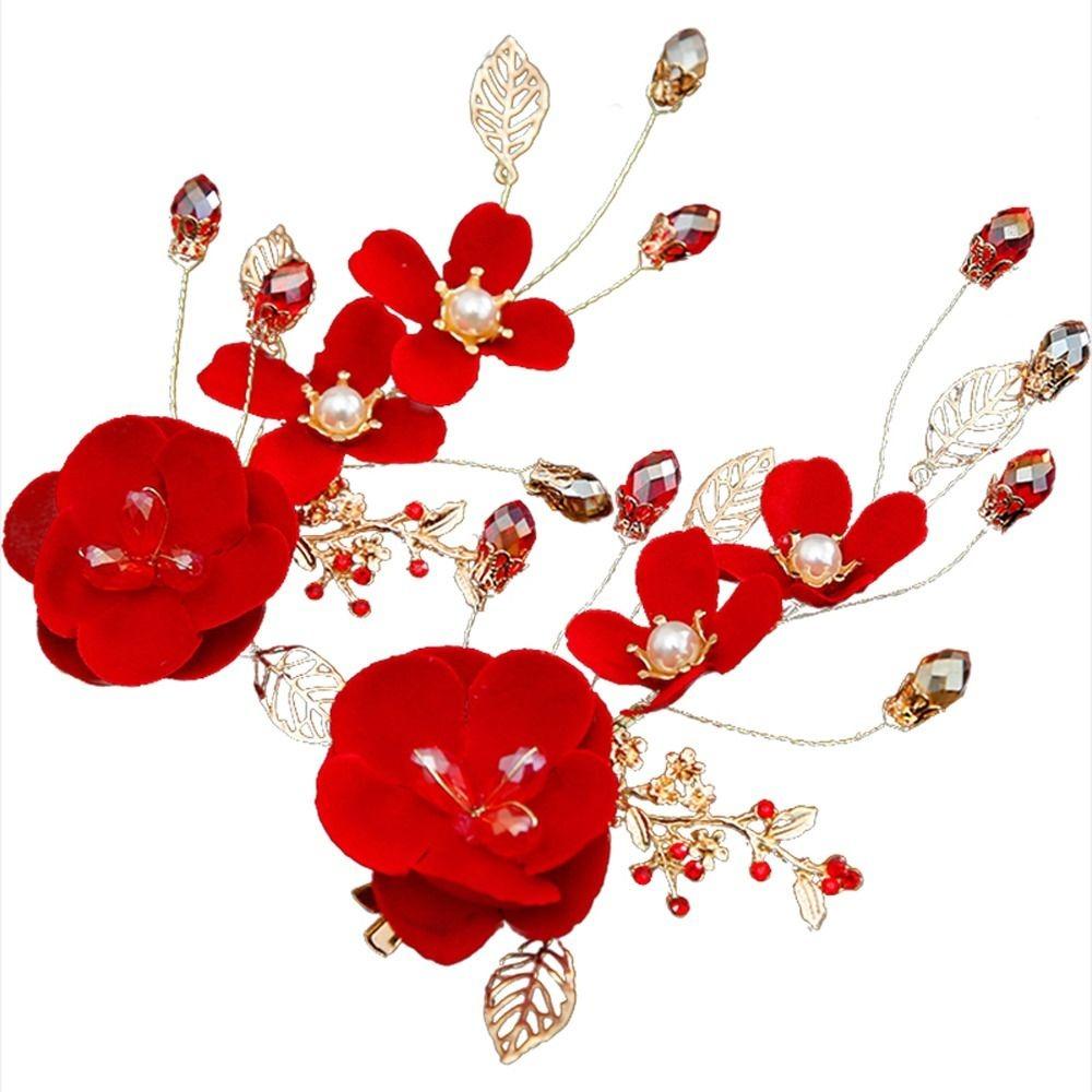 New Year Red Flower Leaf Festival Hairpins Chinese Hanfu Hair Clips Women Barrettes Duckbill Clips