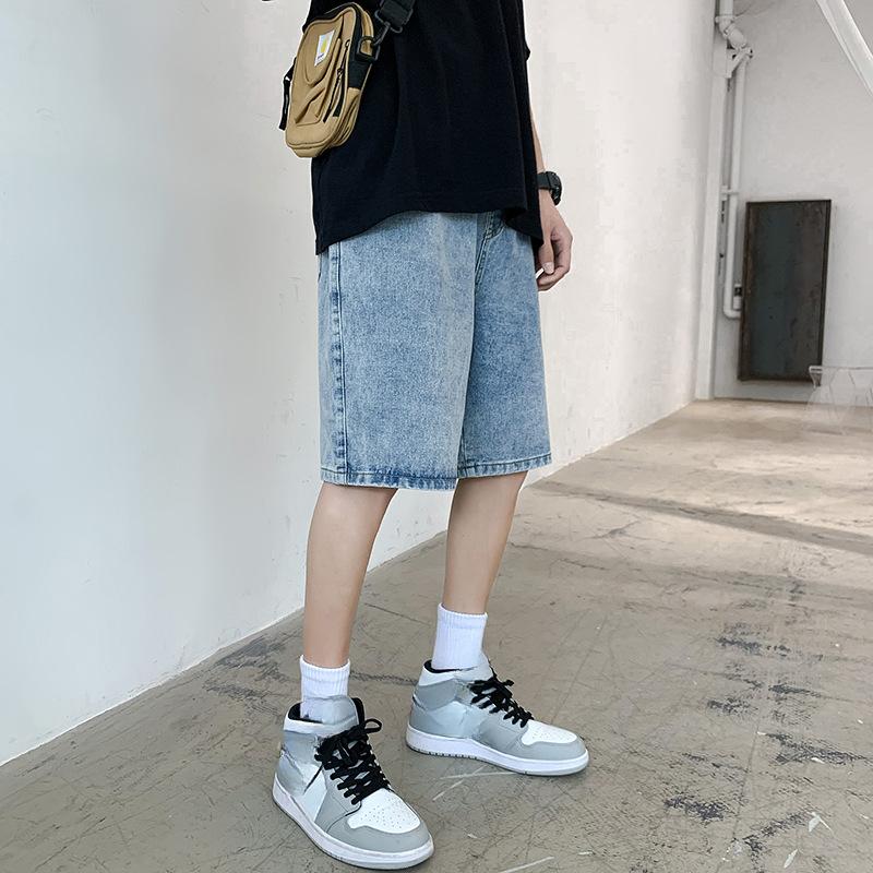 Men's Trendy Brand Denim Shorts Men's Summer Elastic Waist Light-colored Loose Straight Five-point Pants