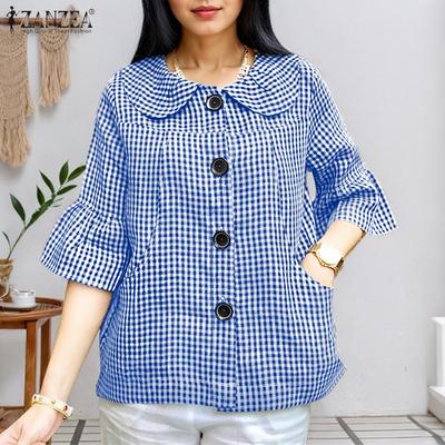 Women Summer Doll Collar Casual 3/4 Sleeve Plaid Blouse