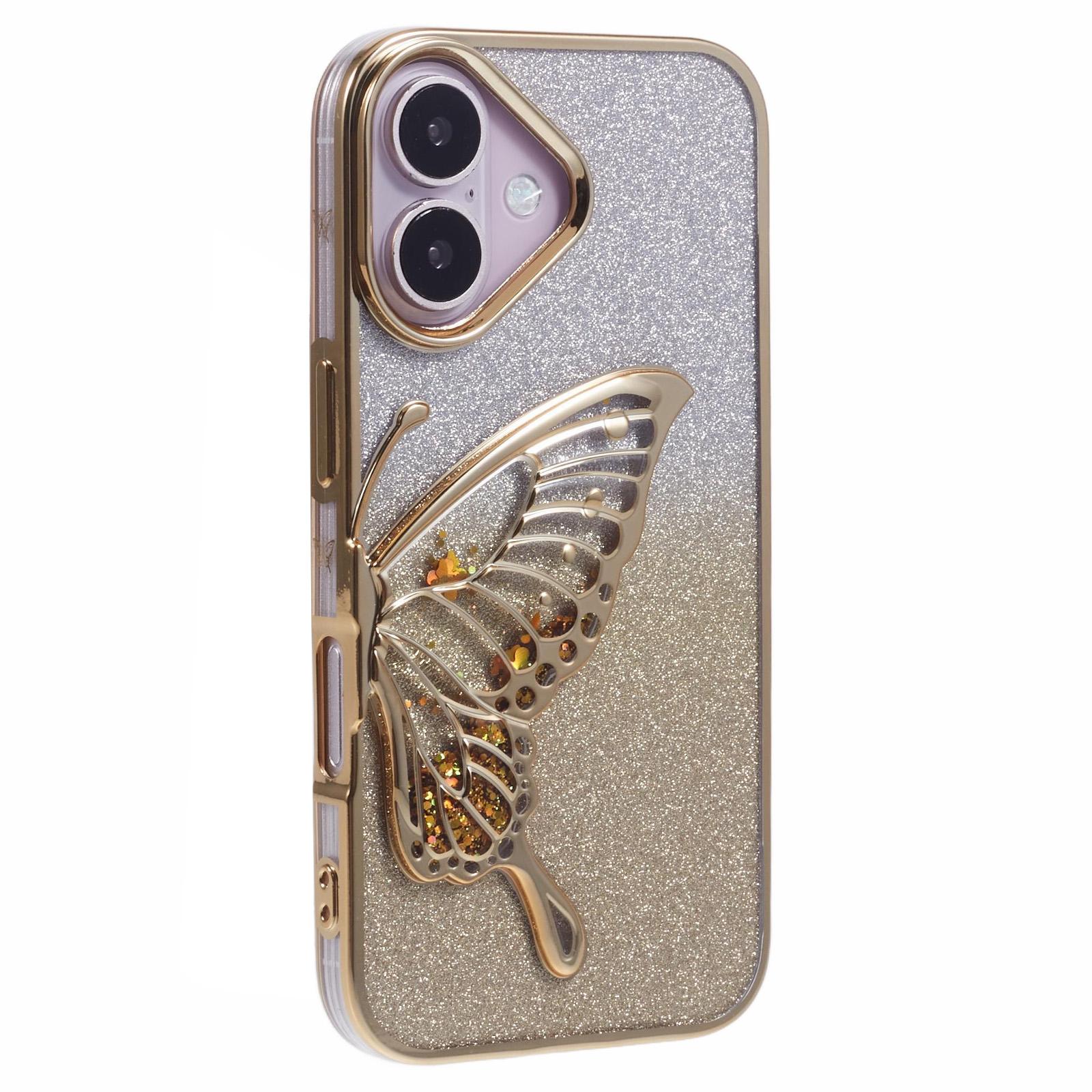 

For iPhone 16 Case Quicksand Butterfly TPU Phone Cover with Glass Lens Film