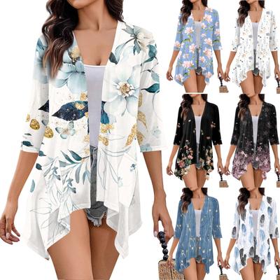 Damen-Cardigan mit unregelmäßigem Dreiviertelärmeln und Druck und Taschenjacke