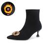 Square Buckle Rhinestone Pointed High Heel Short Boots Women's Autumn and Winter New Thin Heel Black Suede Elastic Thin and Ankle Boots Socks Boots