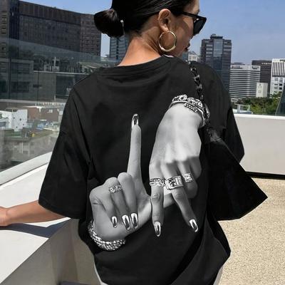 WomenS Elegant Hand Gesture Print TShirt Short Sleeve Black White Design Lightweight Summer Top for Casual or Stylish Outfits