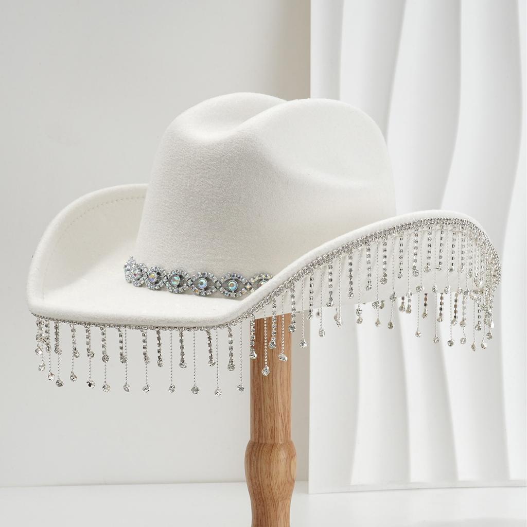 Ladies Wedding Bridal Top Hat, Western Curled Cowboy Hat, Eye Jewel with Fringed Rhinestones, Holiday Travel