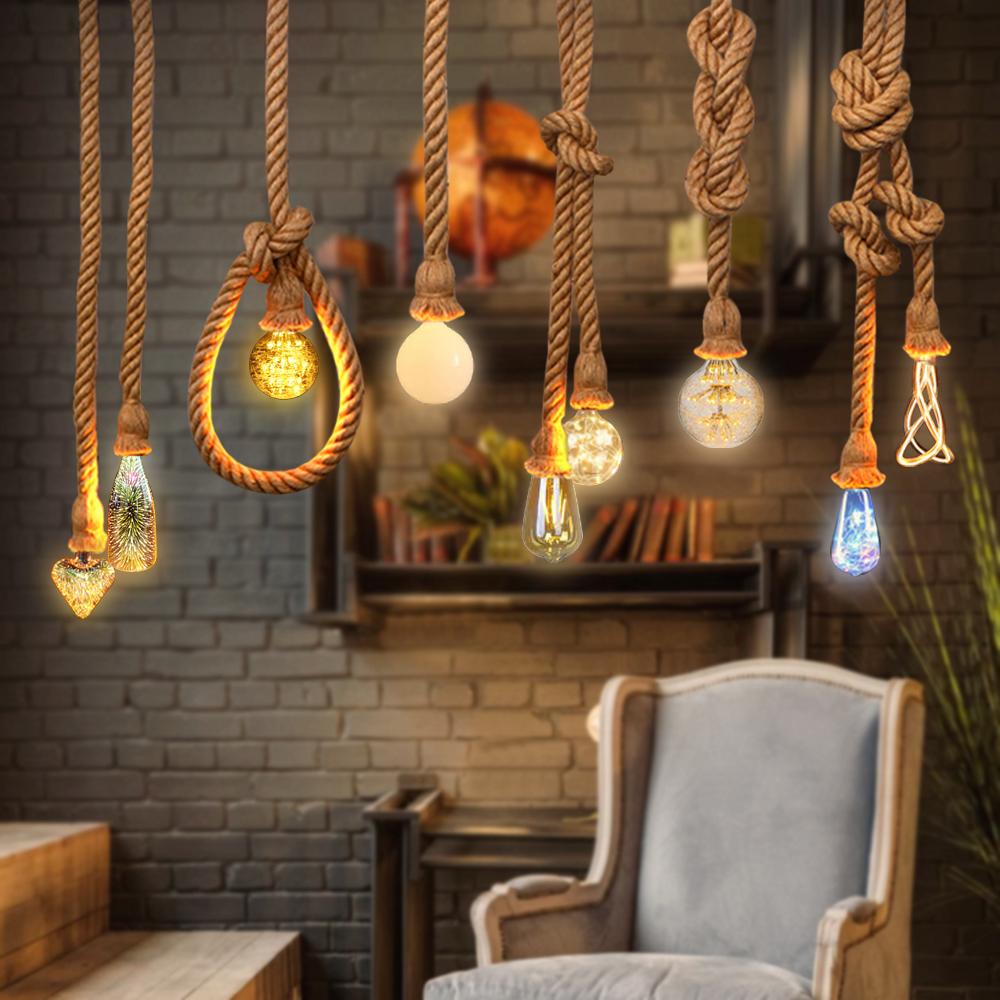 E27 Led Pendant Lights Vintage Hemp Rope Decor Hanging Lamp Creative Retro 1M 2M 3M Industrial Lamp AC90-260V Double Single