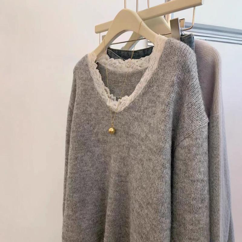 Gray V-neck Pullover Outside Sweater Women's Autumn and Winter New Lazy Wind Thickened Design Top Medium and Long
