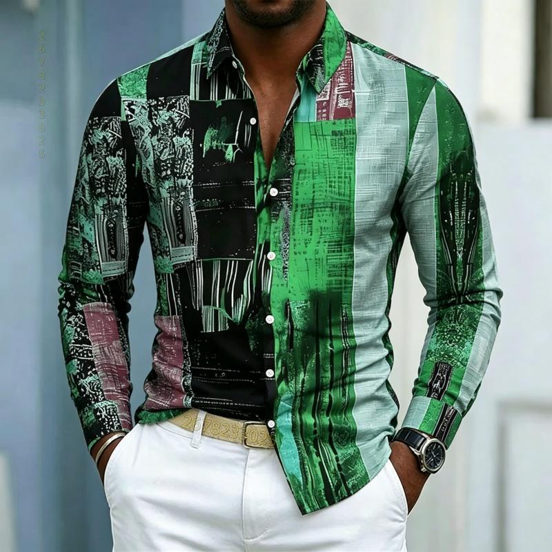 Men's Shirt, Casual Long Sleeved Shirt, Contrasting Color Patchwork Printed Shirt, Fashionable Casual Single Breasted Men's Shir