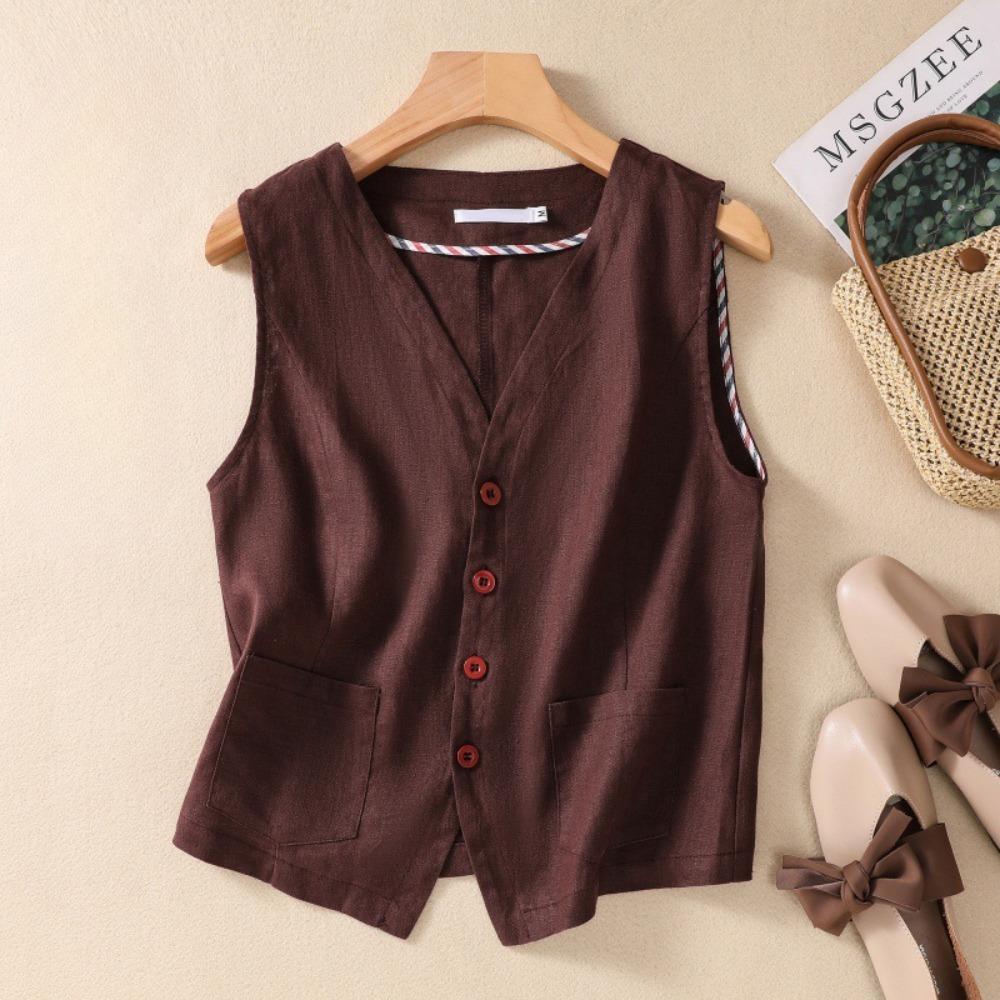 Gilet da Donna con Scollo a V Senza Maniche Vestibilità Rilassata Gilet Vintage Monocolore in Misto Lino Capo Esterno Casual