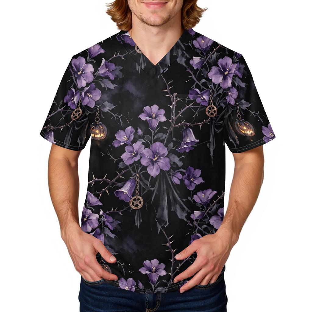 Men's Halloween Print Scrub Top Short Sleeve for Work Uniform