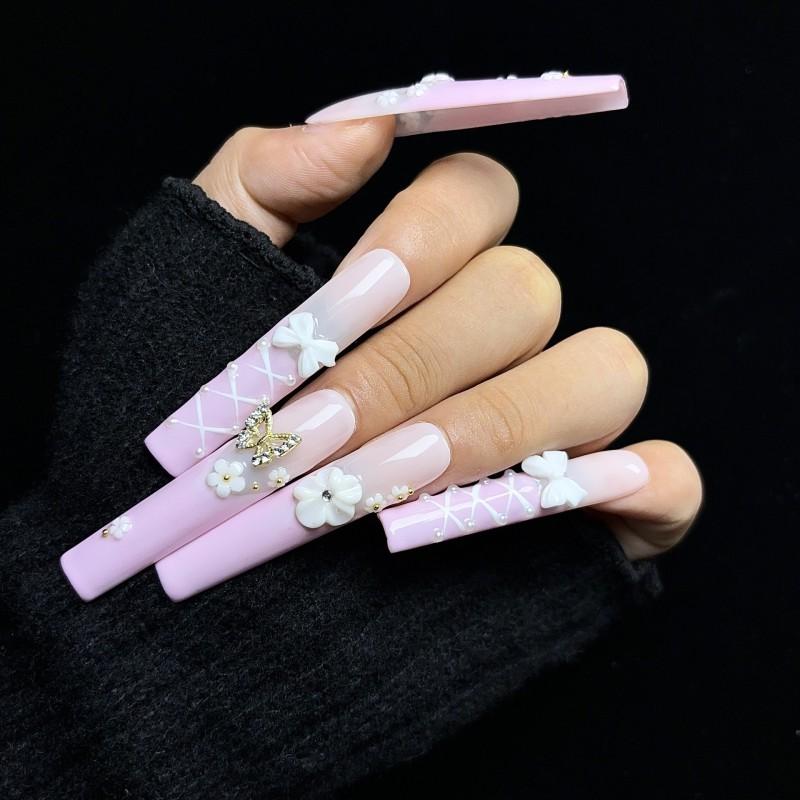 Long Style 3D Embossed Bow Nail Tips Handmade Press-On Nails Women Floral Butterfly Design