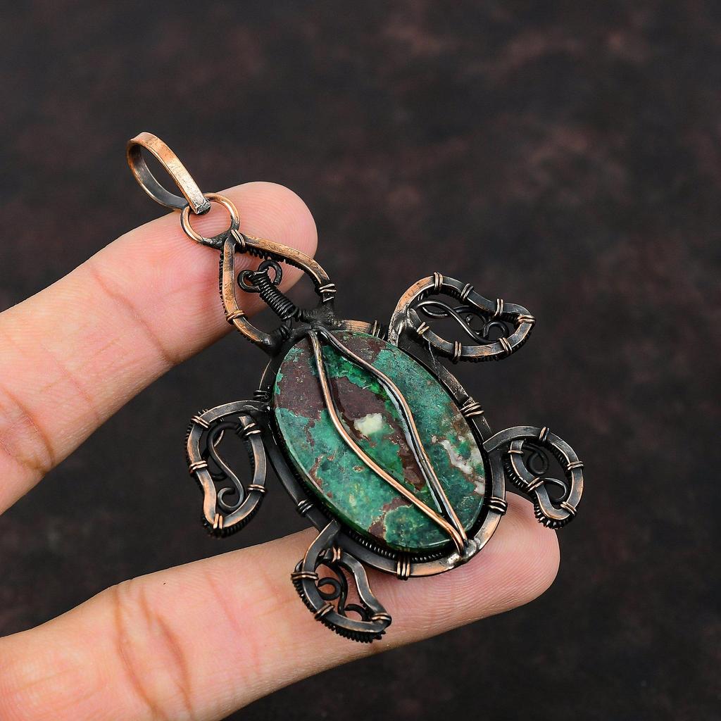 Pendentif Cuprite Chrysocolle Pendentif Enveloppé de Fil de Cuivre Bijou en Cuivre Antique Pendentif Pierre Gemme Tortue Pendentif Fait Main Cadeau d'Anniversaire