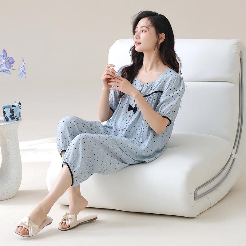 Pajamas Women's 1011 New Summer Thin Short-sleeved Tencel Court Style Large Size Can Be Worn Outside Loungewear Suit